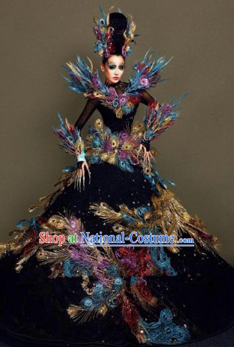 Handmade Modern Fancywork Cosplay Peacock Feather Full Dress Halloween Stage Show Fancy Ball Costume for Women