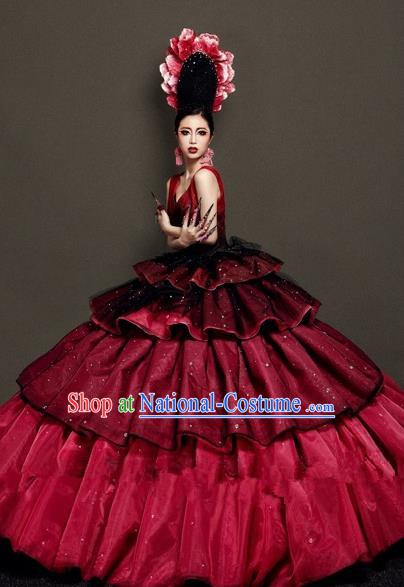 Handmade Modern Fancywork Cosplay Wine Red Full Dress Halloween Stage Show Fancy Ball Costume for Women