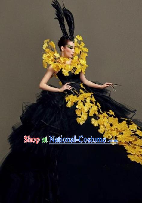 Handmade Modern Fancywork Stage Show Golden Flowers Full Dress Halloween Cosplay Fancy Ball Costume for Women