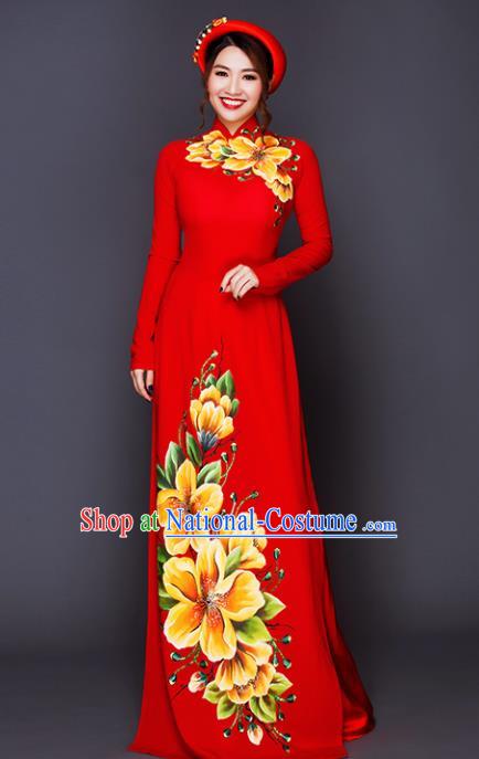 Vietnam Traditional National Costume Court Printing Flowers Red Ao Dai Dress Asian Vietnamese Cheongsam for Women