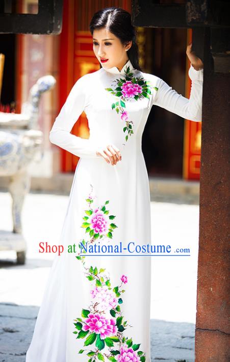 Vietnam Traditional National Costume Court Printing White Ao Dai Dress Asian Vietnamese Cheongsam for Women