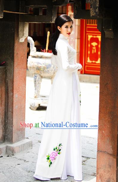 Vietnam Traditional National Costume Court Printing White Ao Dai Dress Asian Vietnamese Cheongsam for Women