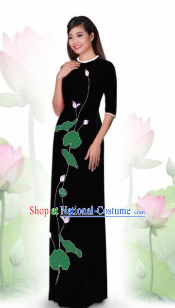 Vietnam Traditional National Costume Printing Lotus Black Ao Dai Dress Asian Vietnamese Cheongsam for Women