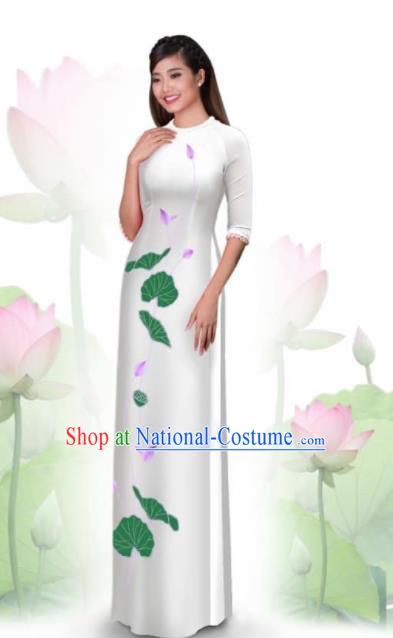 Vietnam Traditional National Costume Printing Lotus White Ao Dai Dress Asian Vietnamese Cheongsam for Women