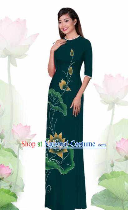 Vietnam Traditional National Costume Printing Lotus Green Ao Dai Dress Asian Vietnamese Cheongsam for Women