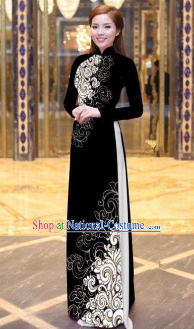 Vietnam Traditional Court Costume Printing Black Ao Dai Dress Asian Vietnamese Cheongsam for Women