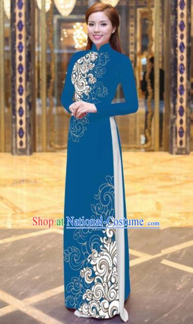 Vietnam Traditional Court Costume Printing Blue Ao Dai Dress Asian Vietnamese Cheongsam for Women