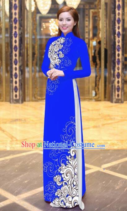 Vietnam Traditional Court Costume Printing Royalblue Ao Dai Dress Asian Vietnamese Cheongsam for Women