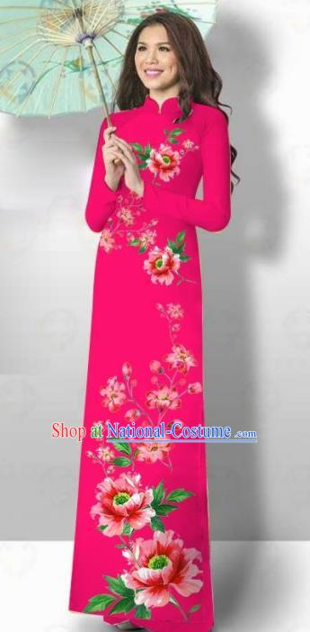 Vietnam Traditional Court Costume Printing Flowers Rosy Ao Dai Dress Asian Vietnamese Cheongsam for Women