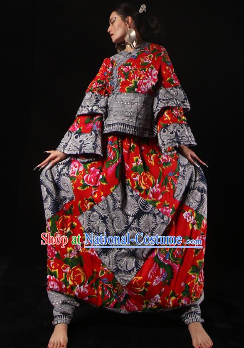 Chinese National Miao Nationality Bandhnu Red Clothing Traditional Ethnic Costume for Women