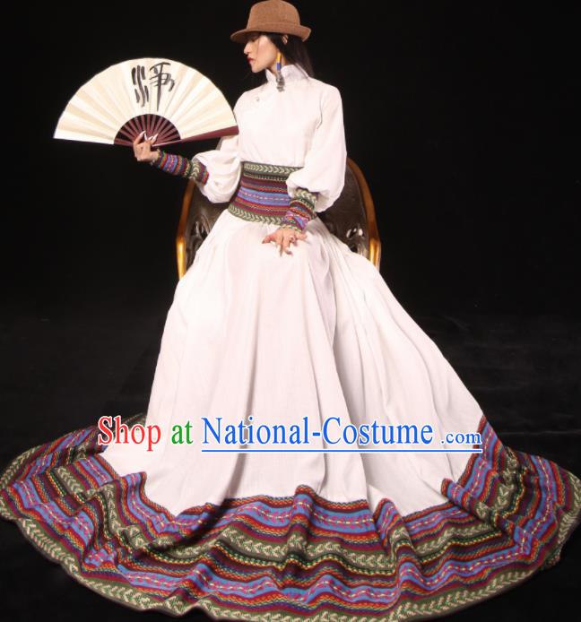 Chinese National Mongol Nationality White Dress Traditional Mongolian Ethnic Costume for Women