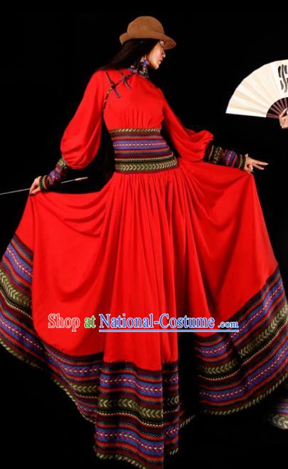 Chinese National Mongol Nationality Red Dress Traditional Mongolian Ethnic Costume for Women