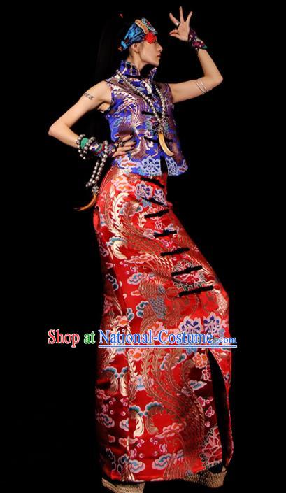 Chinese Traditional National Costume Red Brocade Skirt Tang Suit Dress for Women