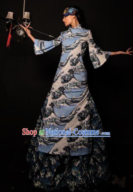 Chinese National Blue Cheongsam Costume Traditional Tang Suit Qipao Dress for Women