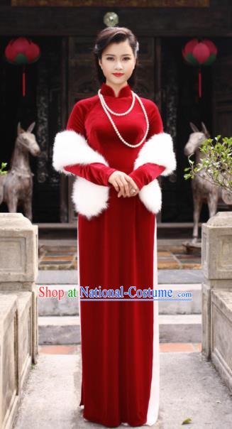 Vietnam Traditional Court Costume Red Velvet Ao Dai Dress Asian Vietnamese Cheongsam for Women