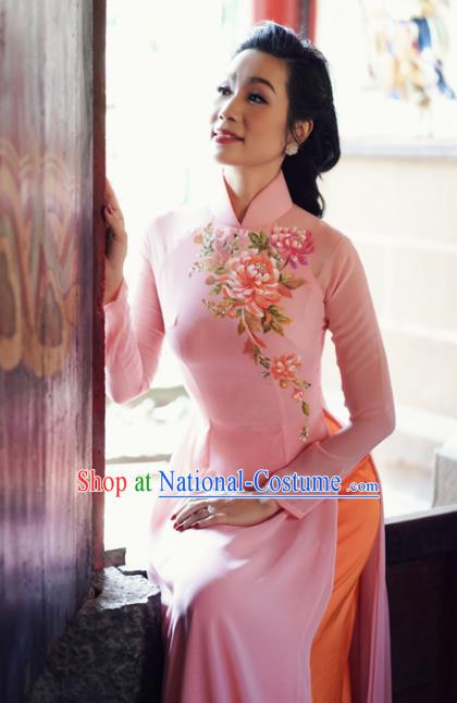 Vietnam Traditional Court Costume Printing Peony Pink Ao Dai Dress Asian Vietnamese Cheongsam for Women