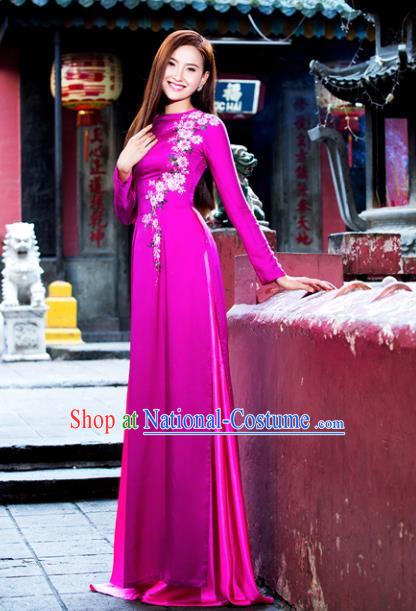 Vietnam Traditional Court Costume Printing Rosy Ao Dai Dress Asian Vietnamese Cheongsam for Women