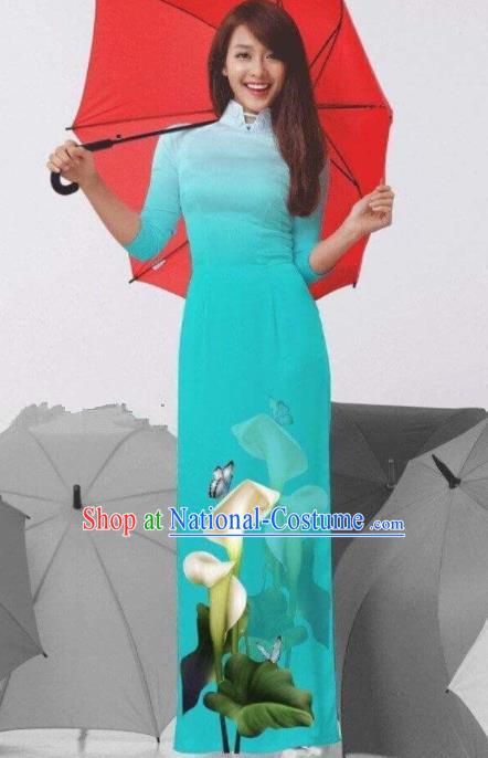 Vietnam Traditional National Costume Printing Common Callalily Green Ao Dai Dress Asian Vietnamese Cheongsam for Women