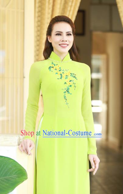 Vietnam Traditional Court Costume Printing Wisteria Green Ao Dai Dress Asian Vietnamese Cheongsam for Women