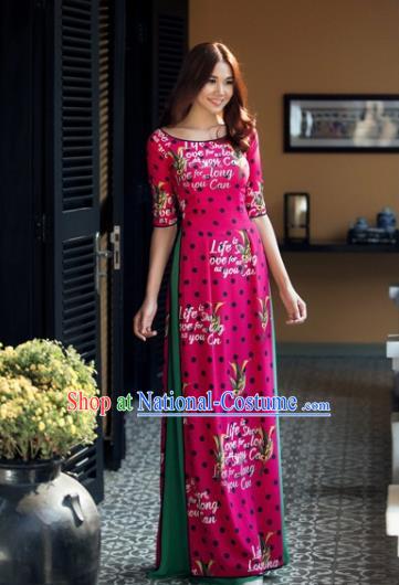 Vietnam Traditional Court Costume Printing Rosy Ao Dai Dress Asian Vietnamese Cheongsam for Women