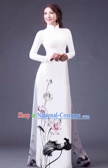 Vietnam Traditional National Costume Ink Painting Lotus White Ao Dai Dress Asian Vietnamese Cheongsam for Women