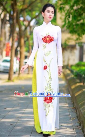 Vietnam Traditional National Costume Printing Peony White Ao Dai Dress Asian Vietnamese Cheongsam for Women