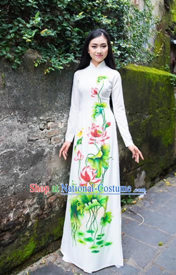 Vietnam Traditional National Costume Court Printing Lotus Ao Dai Dress Asian Vietnamese Cheongsam for Women