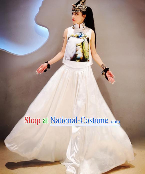 Chinese Traditional National Costume Printing White Cheongsam Blouse Tang Suit Qipao Shirt for Women