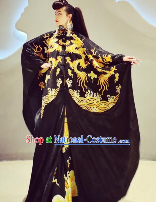 Chinese Traditional Catwalks Costume National Embroidered Black Robe Cheongsam Tang Suit Qipao Dress for Women