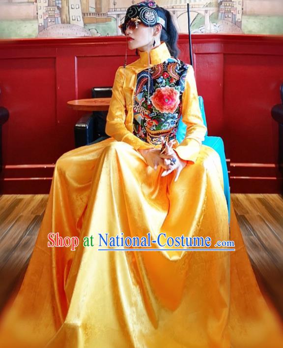 Chinese Traditional Catwalks Costume National Embroidered Peony Yellow Cheongsam Tang Suit Qipao Dress for Women