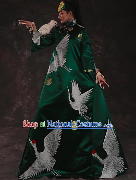 Chinese Traditional Catwalks Costume National Printing Cranes Green Brocade Cheongsam Tang Suit Qipao Dress for Women