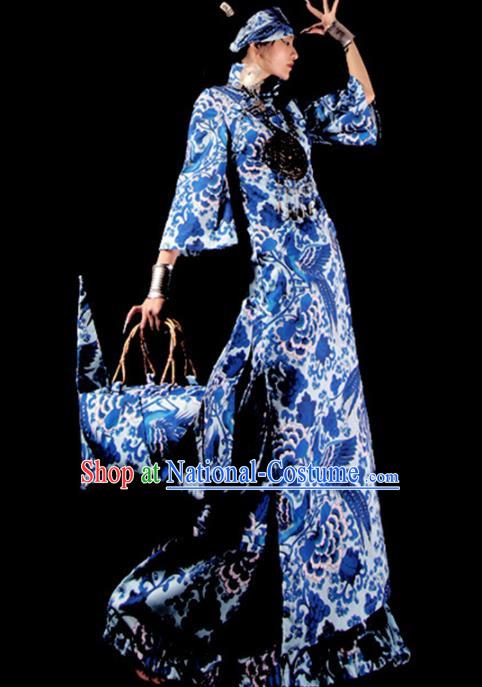 Chinese Traditional Catwalks Costume National Blue Cheongsam Tang Suit Qipao Dress for Women