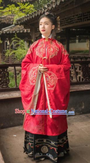 Chinese Traditional Ming Dynasty Wedding Historical Costume Ancient Royal Dowager Embroidered Red Dress for Women