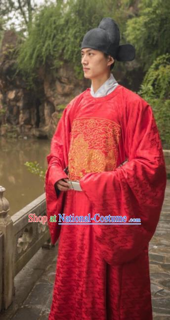 Chinese Traditional Ming Dynasty Minister Historical Costume Ancient Bridegroom Wedding Embroidered Red Robe for Men