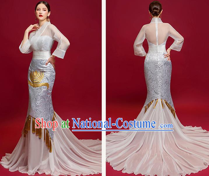 Chinese National Catwalks Grey Trailing Full Dress Traditional Tang Suit Cheongsam for Women