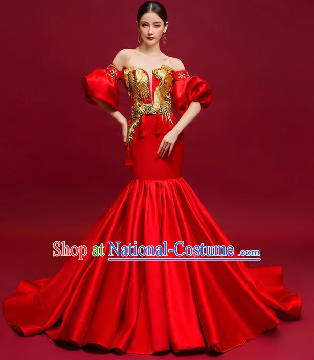 Chinese National Catwalks Costume Red Trailing Cheongsam Traditional Tang Suit Qipao Dress for Women