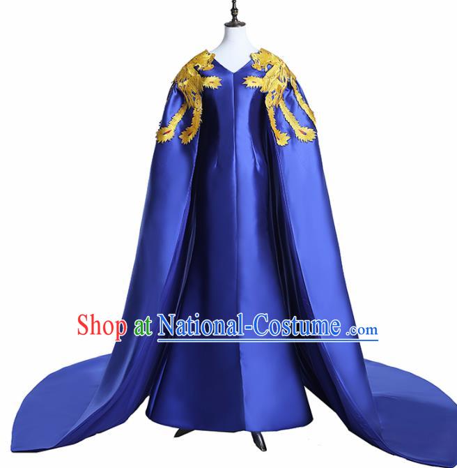 Chinese National Catwalks Costume Embroidered Phoenix Royalblue Trailing Cheongsam Traditional Tang Suit Qipao Dress for Women