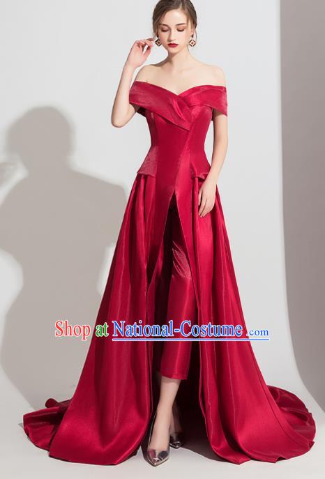 Top Grade Catwalks Wine Red Trailing Full Dress Modern Dance Party Compere Costume for Women