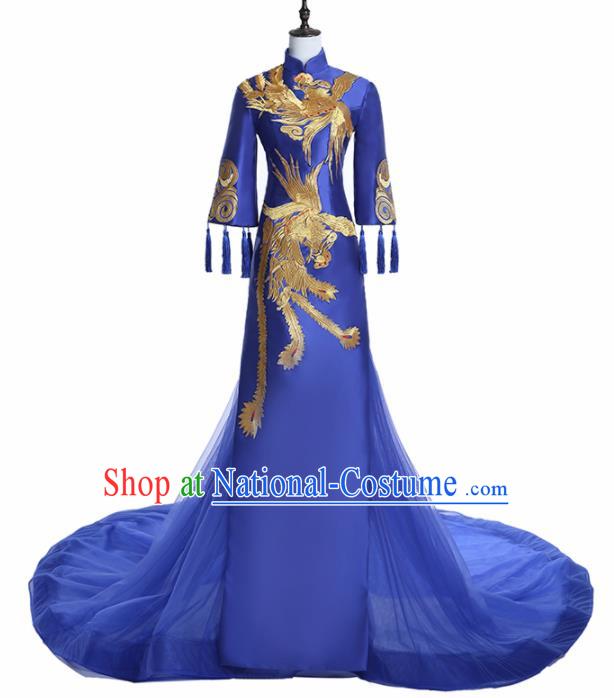 Chinese National Catwalks Costume Embroidered Phoenix Trailing Cheongsam Traditional Tang Suit Royalblue Qipao Dress for Women