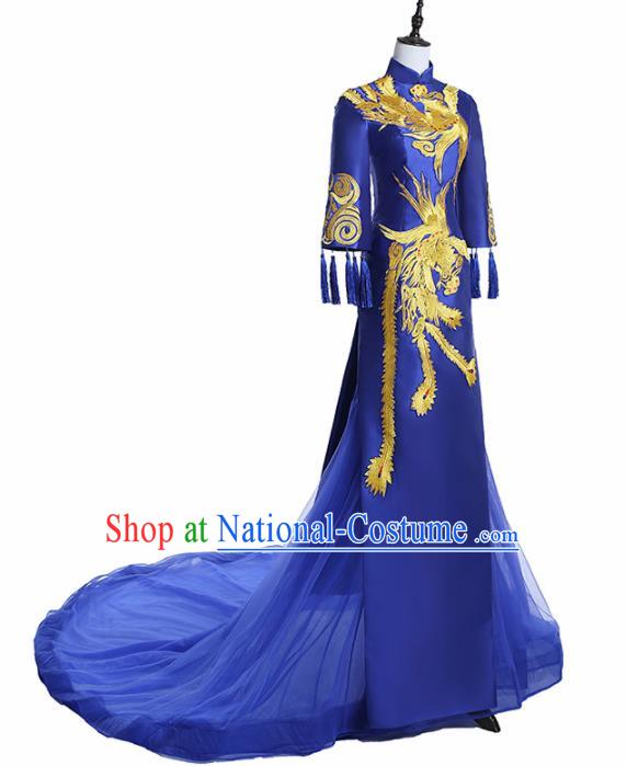 Chinese National Catwalks Costume Embroidered Phoenix Trailing Cheongsam Traditional Tang Suit Royalblue Qipao Dress for Women