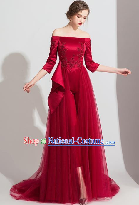 Top Grade Catwalks Wine Red Veil Full Dress Modern Dance Party Compere Costume for Women