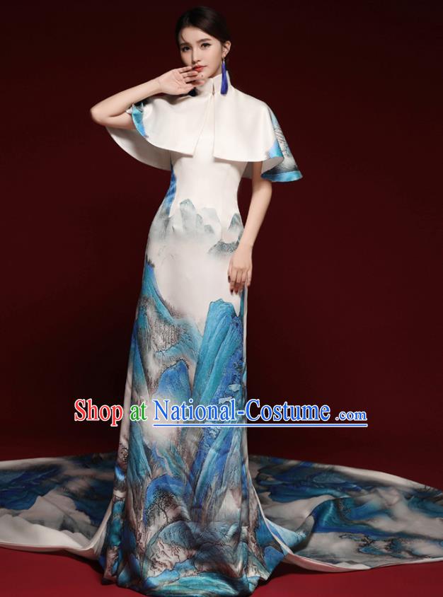 Chinese National Catwalks Landscape Painting White Cheongsam Traditional Costume Tang Suit Qipao Dress for Women