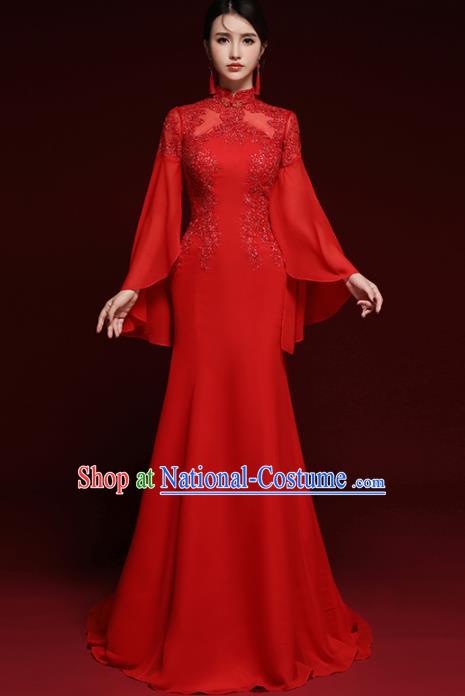 Chinese National Catwalks Embroidered Red Lace Cheongsam Traditional Costume Tang Suit Qipao Dress for Women