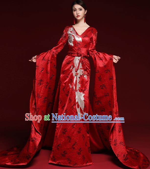 Chinese National Catwalks Red Trailing Cheongsam Traditional Costume Tang Suit Qipao Dress for Women