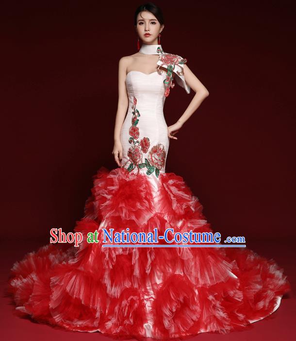 Chinese National Catwalks Red Veil Peony Trailing Cheongsam Traditional Costume Tang Suit Qipao Dress for Women