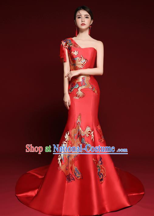 Chinese National Catwalks Printing Dragons Red Trailing Cheongsam Traditional Costume Tang Suit Qipao Dress for Women