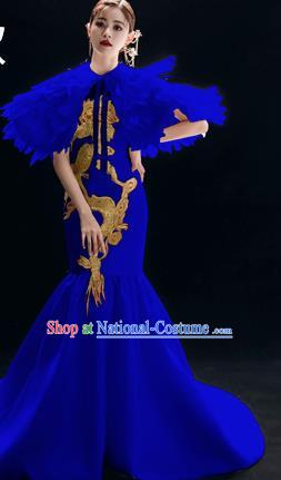 Chinese National Catwalks Royalblue Trailing Cheongsam Traditional Costume Tang Suit Qipao Dress for Women