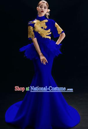 Chinese National Catwalks Embroidered Phoenix Royalblue Trailing Cheongsam Traditional Costume Tang Suit Qipao Dress for Women