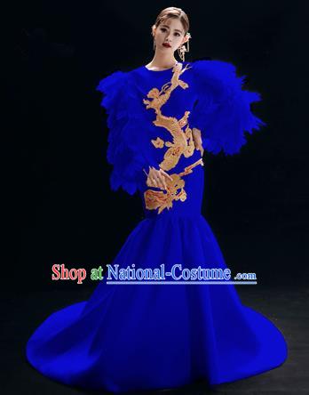 Chinese National Catwalks Embroidered Dragon Royalblue Trailing Cheongsam Traditional Costume Tang Suit Qipao Dress for Women