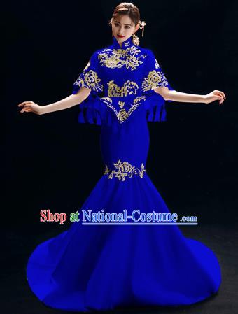 Chinese National Catwalks Embroidered Royalblue Trailing Cheongsam Traditional Costume Tang Suit Qipao Dress for Women